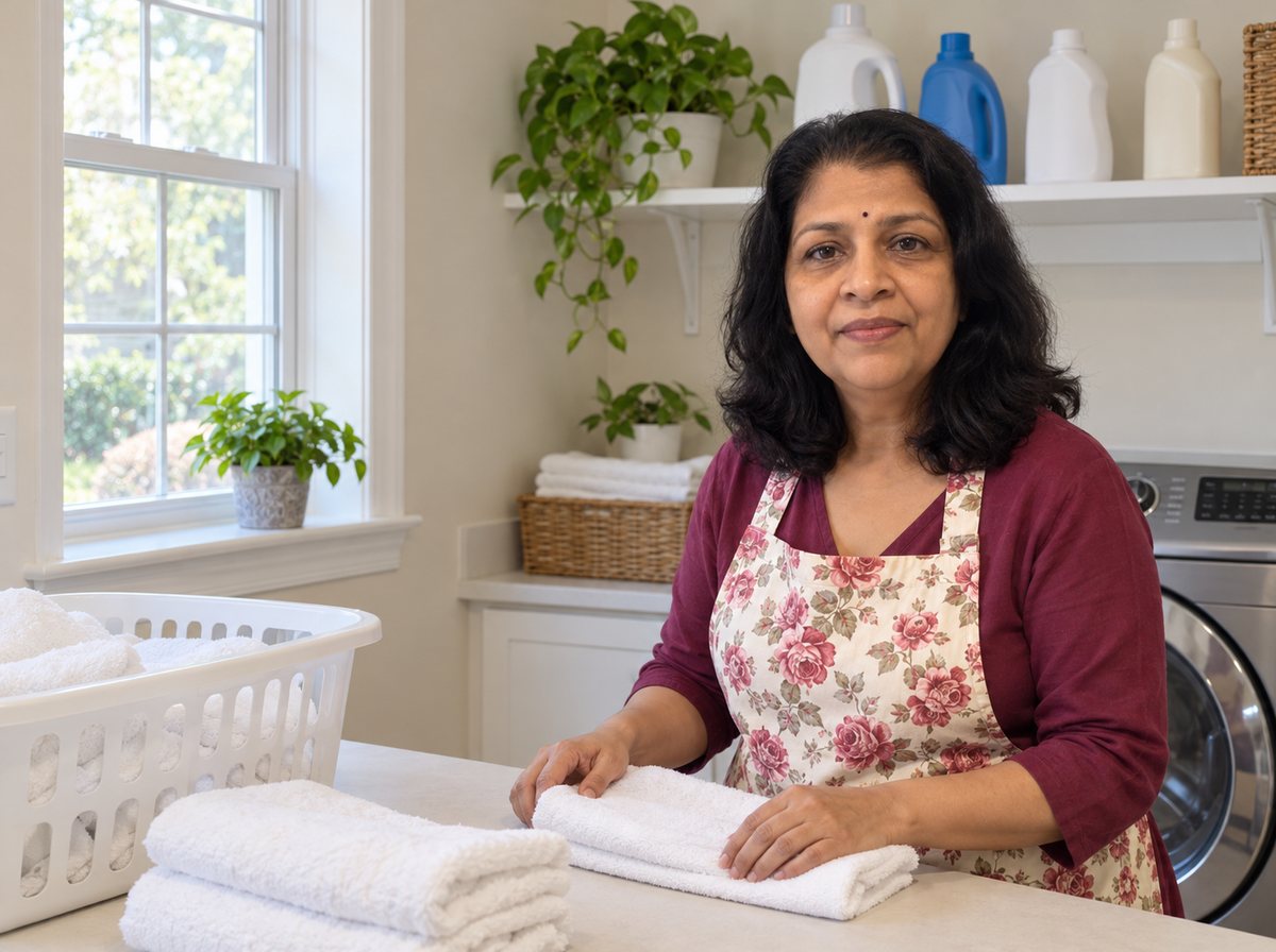 Asha Sharma in her home kitchen with glass jars of lentils and rice and a steel spice tin