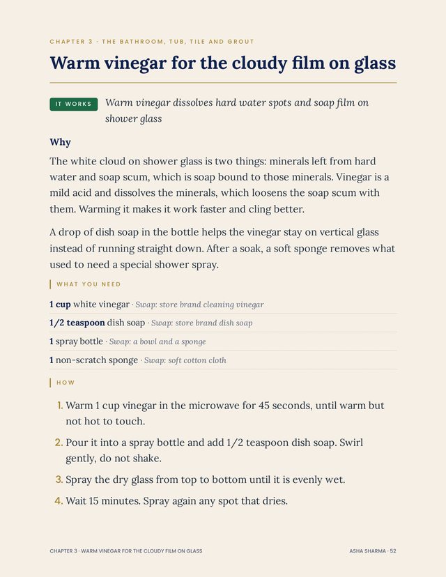 Trick page for warm vinegar on cloudy shower glass, marked It works
