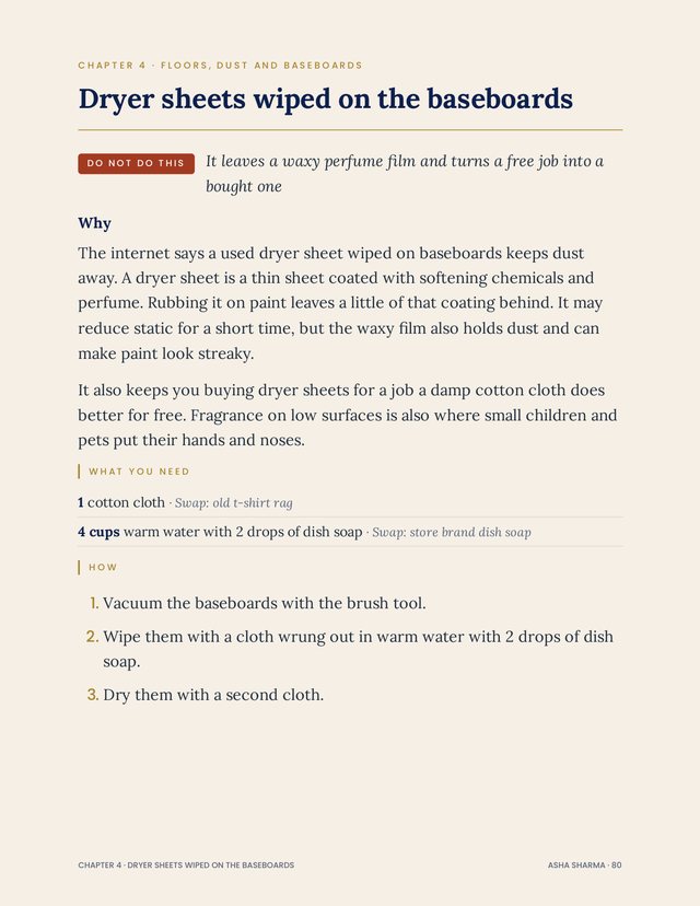 Trick page for dryer sheets on baseboards, marked Do not do this